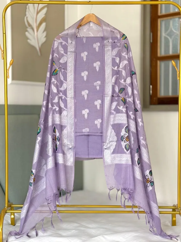 Lavander_Pure_Mercerised_Kota_Check_Banarasi_Suit_with_Resham_Weave_Hand-Brush_Dupatta_1250SKL_PMK3
