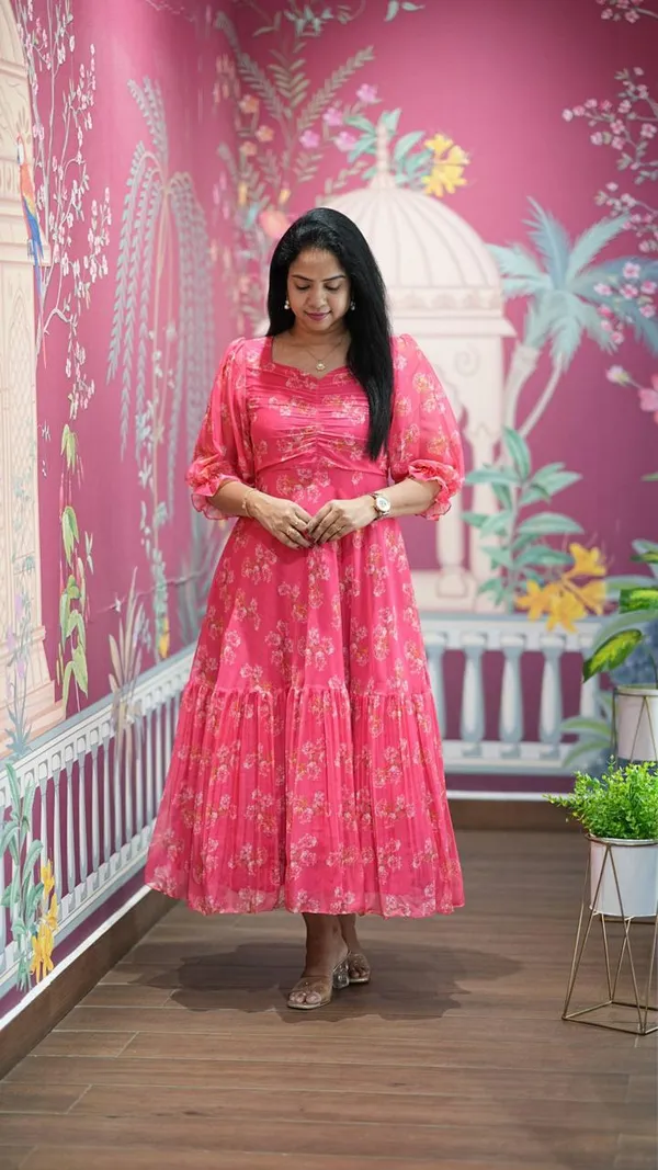 PEACH_Floral_Print_Gathered_Midi_Dress_With_Puff_Sleeves