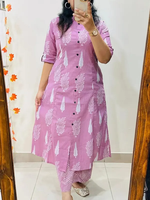 PINK_Block_Print_Cotton_Kurta_Palazzo_Set_Set_With_Palazzo_Pants