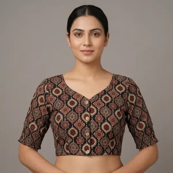 Black_Cotton_Lycra_Block-Print_V-Neck_Blouse_For_Women