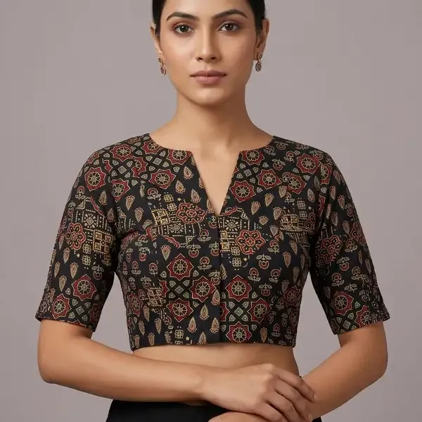 Black_Poly-Cotton_Smocked_Geometric_Print_Blouse_For_Women