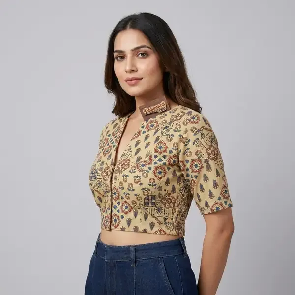Cream_Polyester_Cotton_Geometric_Print_Smocked_Blouse_For_Women