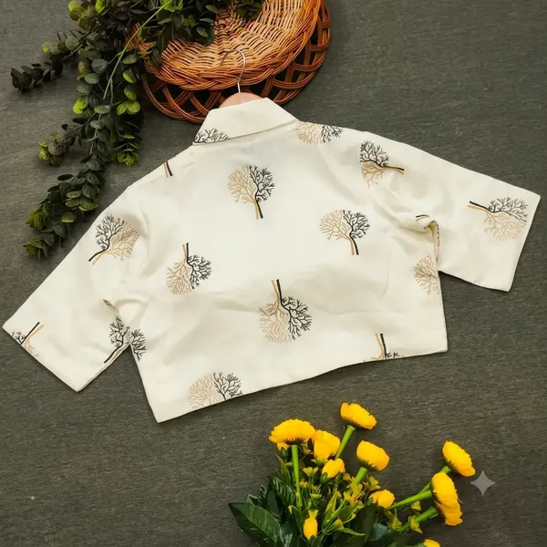 White_Linen-Cotton_Lapel_Collar_Botanical_Print_Blouse_For_Women