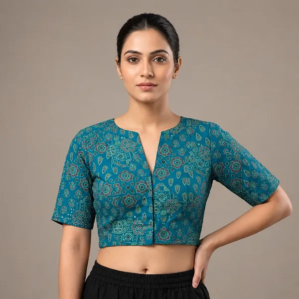 Blue_Poly-Cotton_Smocked_Geometric_Print_Blouse_For_Women