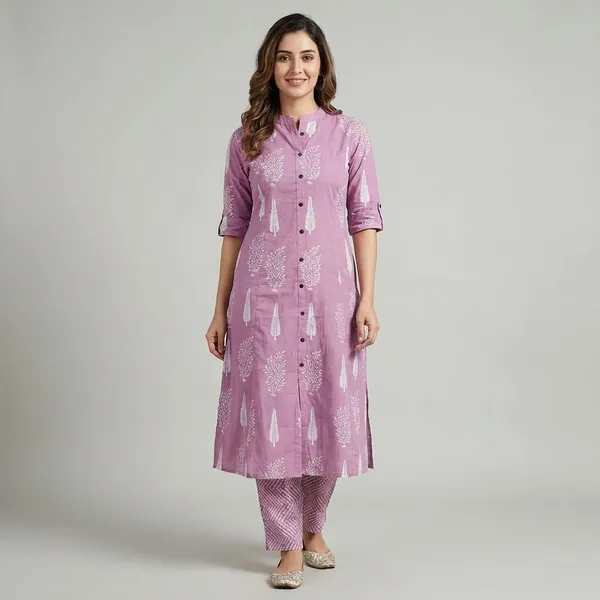 PINK_Block_Print_Cotton_Kurta_Palazzo_Set_Set_With_Palazzo_Pants