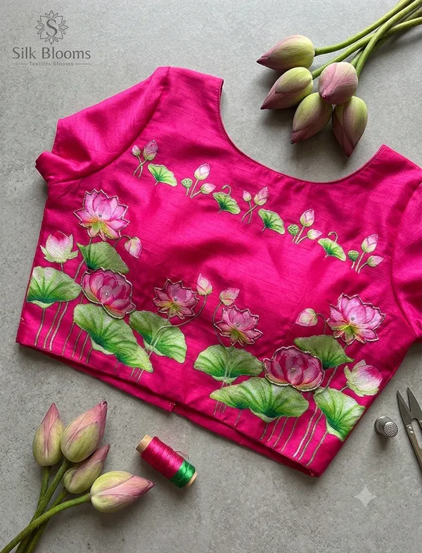 Pink_Silk_Hand-Painted_Lotus_Motif_Blouse_For_Women