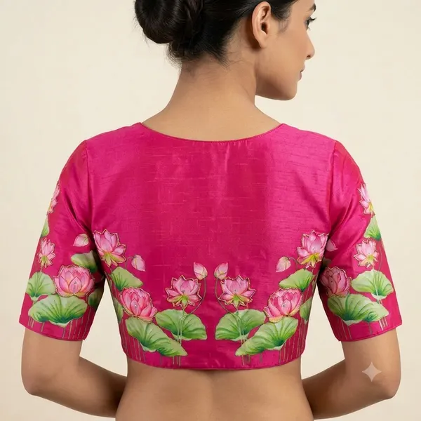 Pink_Silk_Hand-Painted_Lotus_Motif_Blouse_For_Women