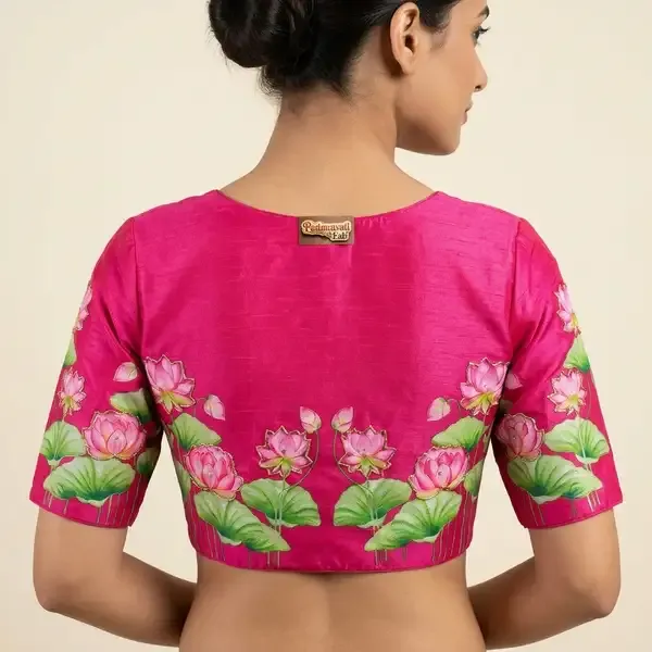 Pink_Silk_Hand-Painted_Lotus_Motif_Blouse_For_Women