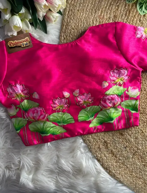 Pink_Silk_Hand-Painted_Lotus_Motif_Blouse_For_Women