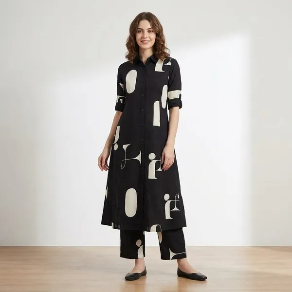 Black_&_White_Abstract_Print_Kurti_With_Button-Down_Front
