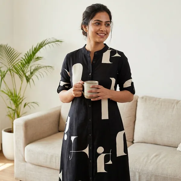 Black_&_White_Abstract_Print_Kurti_With_Button-Down_Front