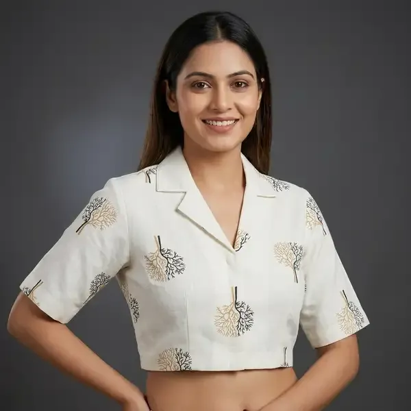 White_Linen-Cotton_Lapel_Collar_Botanical_Print_Blouse_For_Women