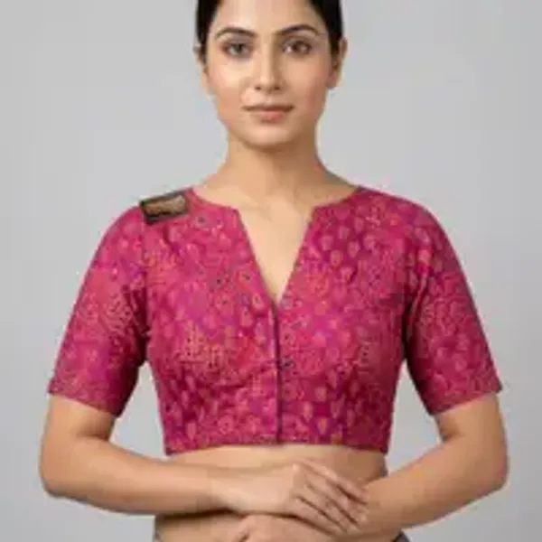 Wine_Poly-Cotton_Smocked_Geometric_Print_Blouse_For_Women