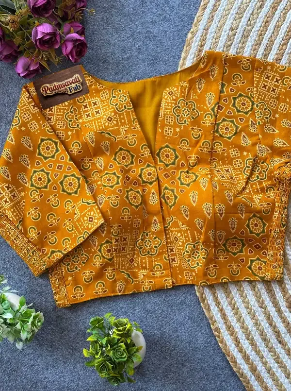 Yellow_Poly-Cotton_Smocked_Geometric_Print_Blouse_For_Women