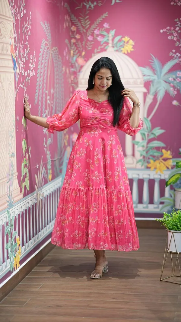 PEACH_Floral_Print_Gathered_Midi_Dress_With_Puff_Sleeves