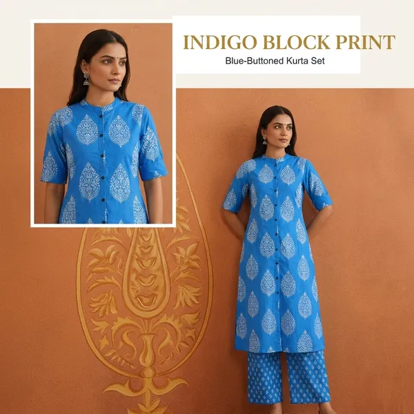 Blue_Hand_Block_Print_Cotton_Kurta_Palazzo_Set_Set_With_Paisley_Motifs