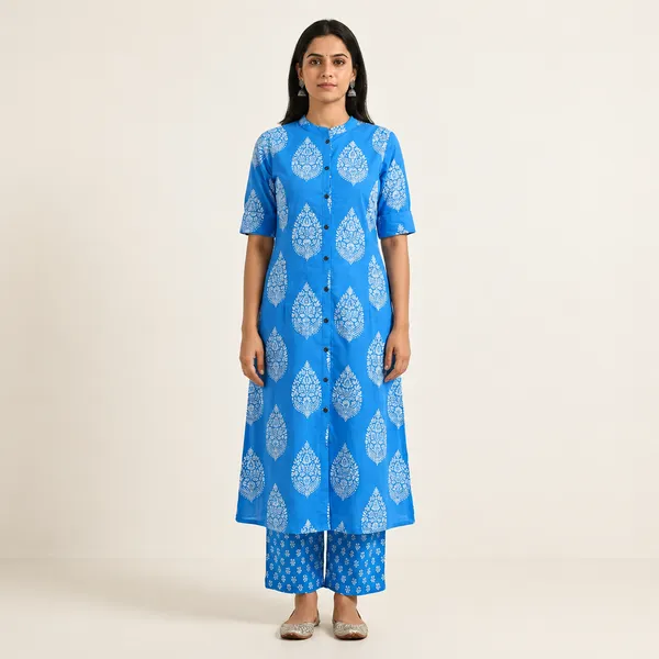 Blue_Hand_Block_Print_Cotton_Kurta_Palazzo_Set_Set_With_Paisley_Motifs