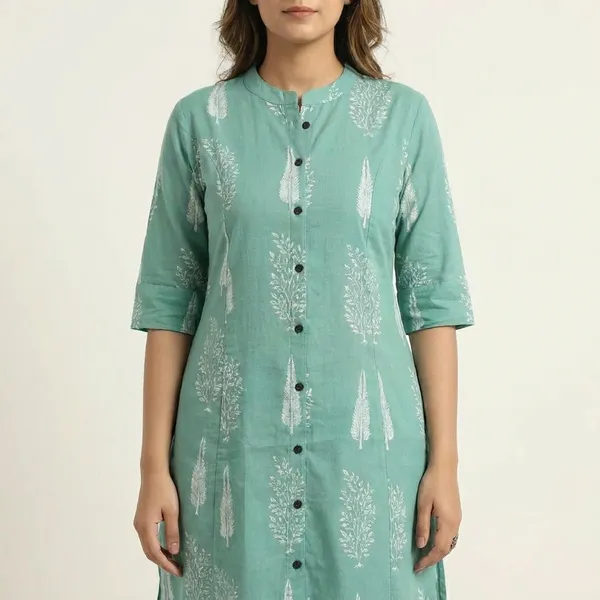 Turquoise_Blue_Printed_Cotton_Kurta_Palazzo_Set_Set_With_White_Leaf_Motifs