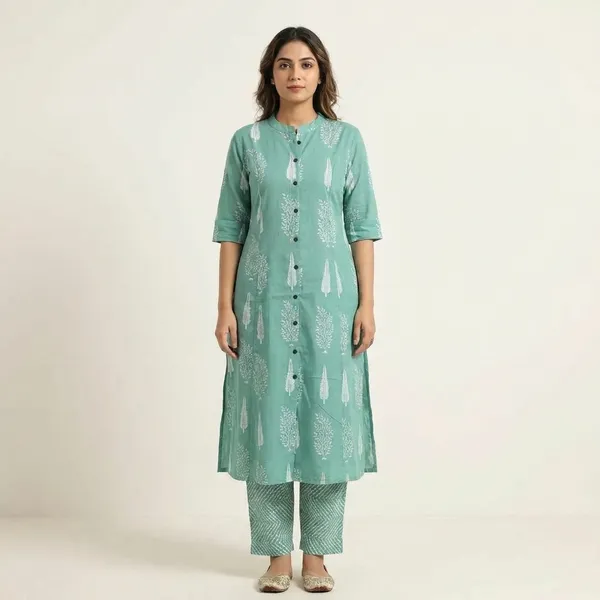 Turquoise_Blue_Printed_Cotton_Kurta_Palazzo_Set_Set_With_White_Leaf_Motifs