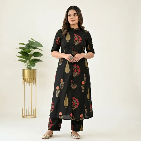 Black_Floral_Printed_Kurta_Palazzo_Set_Set_For_Women