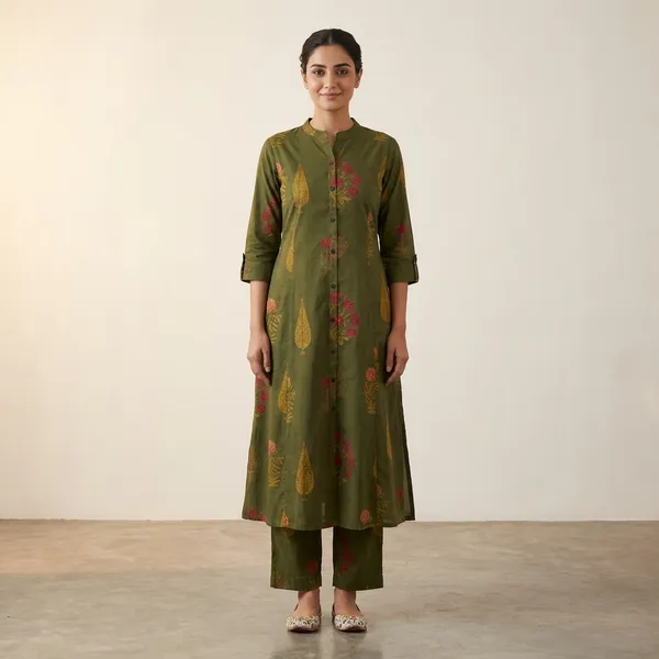 Olive_Green_Floral_Printed_Kurta_Palazzo_Set_Set_With_Palazzo