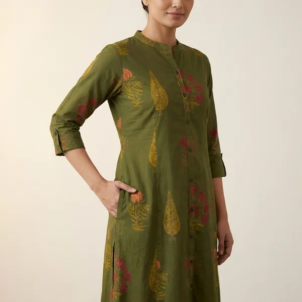 Olive_Green_Floral_Printed_Kurta_Palazzo_Set_Set_With_Palazzo