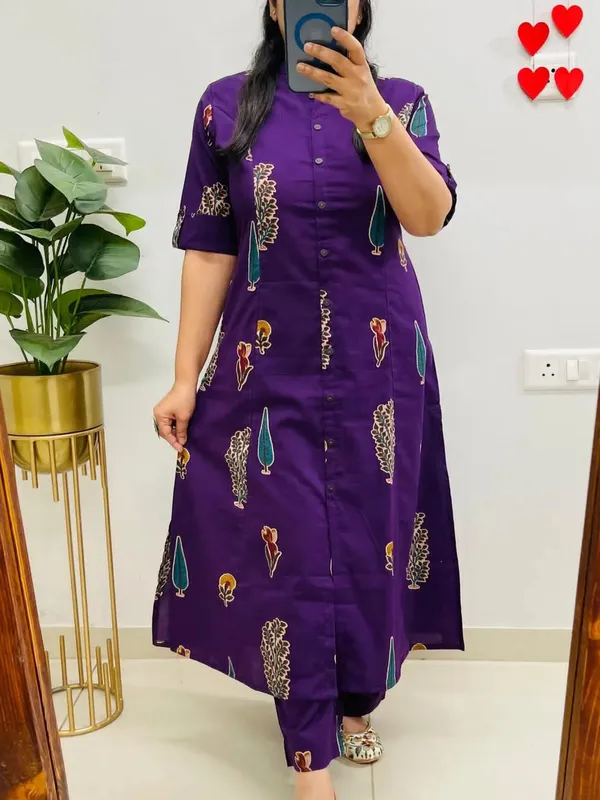 Women'S_PURPLE_Printed_Kurti_Set_With_Matching_Pants