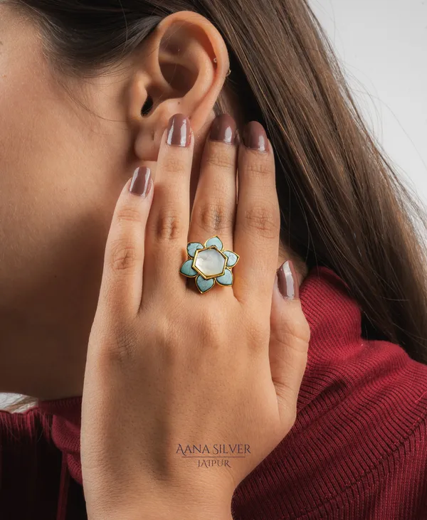 Swarna_Turquoise_Flower_Kundan_Ring