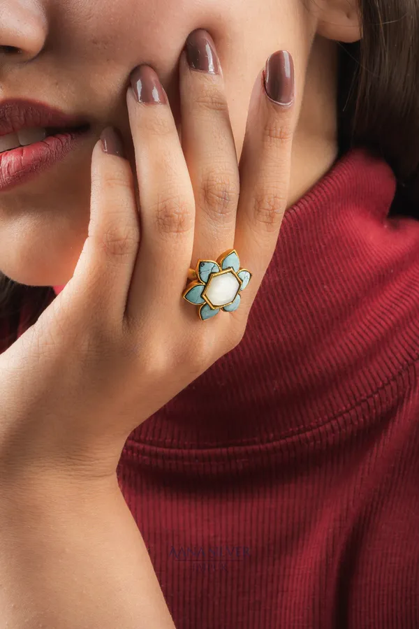 Swarna_Turquoise_Flower_Kundan_Ring