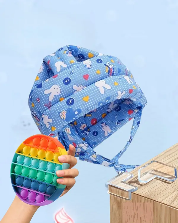 ABH_PUPPY_Baby_Safety_Combo_1–_Helmet_for_Toddlers_+_2_Pop_It_Fidget_Toys+4_Corner_protector_(Light_Blue,_Assorted_Shapes)__Description: