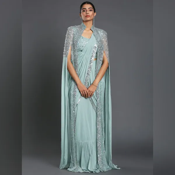 Sequin_Pre_Draped_Saree_With_Jacket_And_Long_Shrug_Georgette_Saree