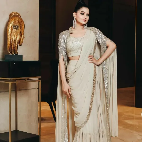 Sequin_Pre_Draped_Saree_With_Jacket_And_Long_Shrug_Georgette_Saree
