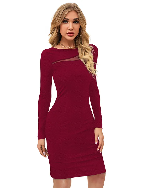 Maroon_Knitting_And_Stretchable_Western_Dress_For_Women