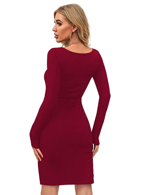 Maroon_Knitting_And_Stretchable_Western_Dress_For_Women