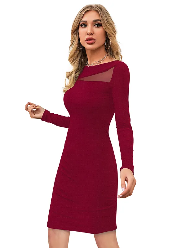 Maroon_Knitting_And_Stretchable_Western_Dress_For_Women