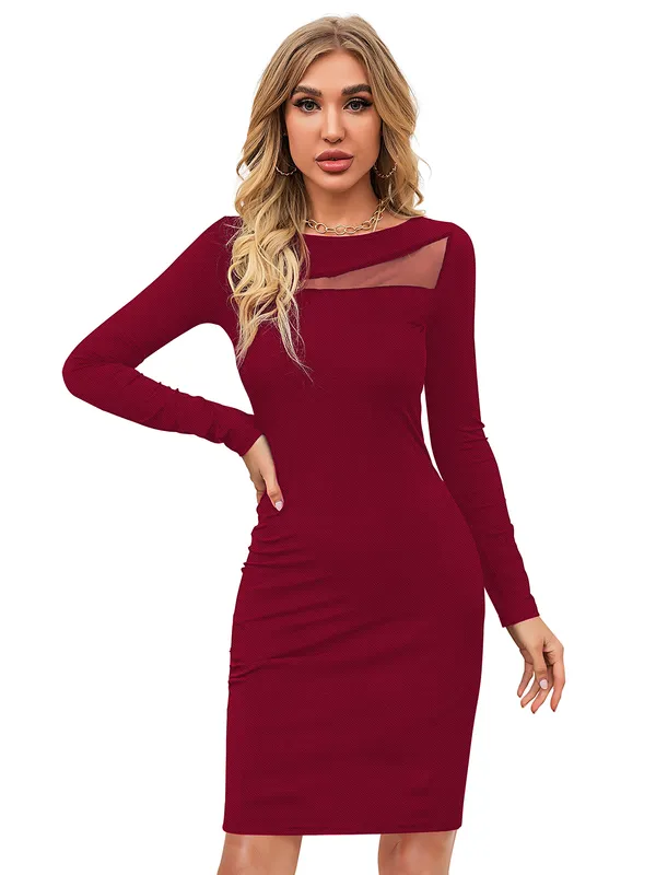 Maroon_Knitting_And_Stretchable_Western_Dress_For_Women