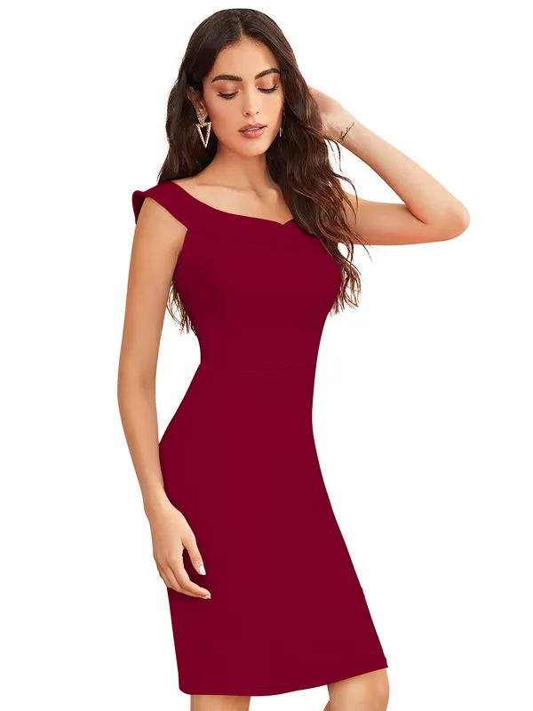 Maroon_Knitting_And_Stretchable_Western_Dress_For_Women