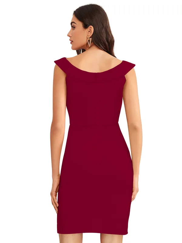 Maroon_Knitting_And_Stretchable_Western_Dress_For_Women