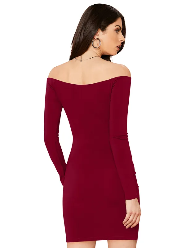 Maroon_Knitting_And_Stretchable_Western_Dress_For_Women