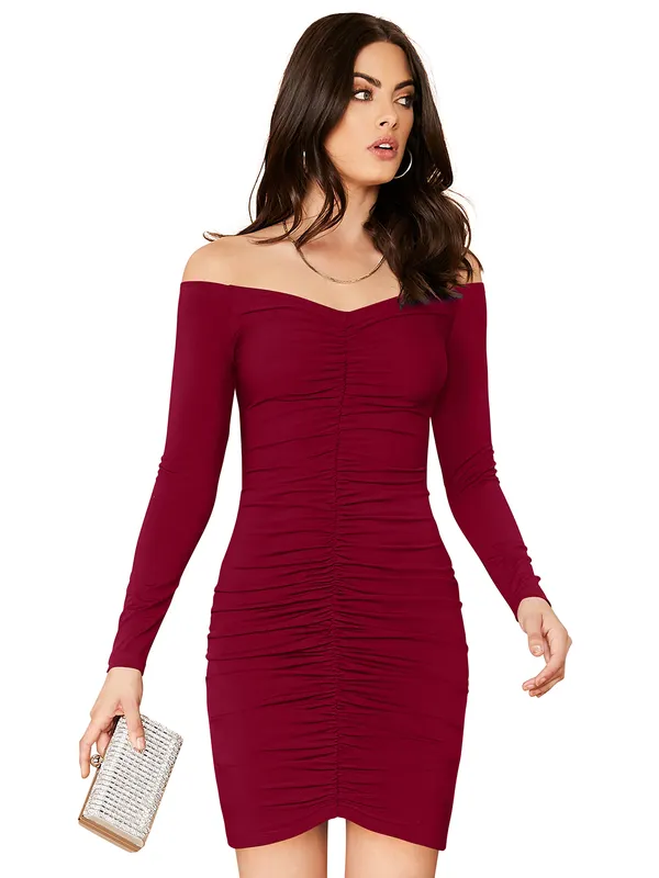 Maroon_Knitting_And_Stretchable_Western_Dress_For_Women