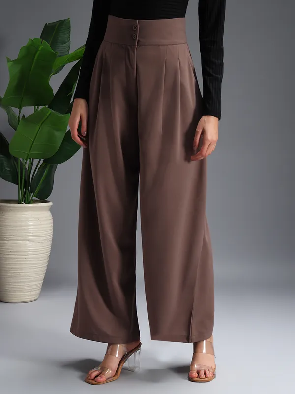 Zastraa_Brown_High_Waist_Darted_Korean_Pants