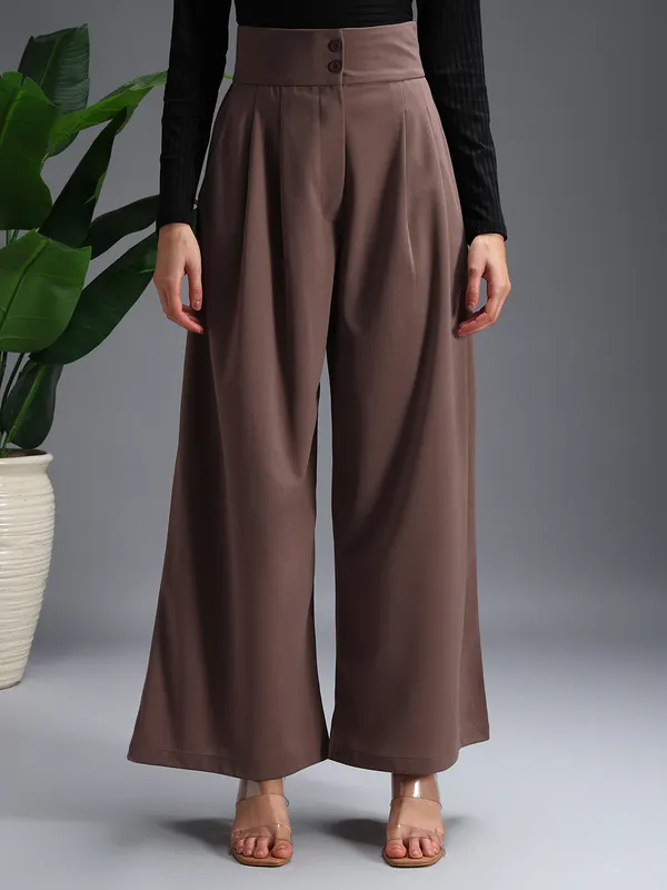 Zastraa_Brown_High_Waist_Darted_Korean_Pants