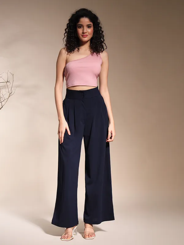 Zastraa_Navy_Blue_High_Waist_Darted_Korean_Pants