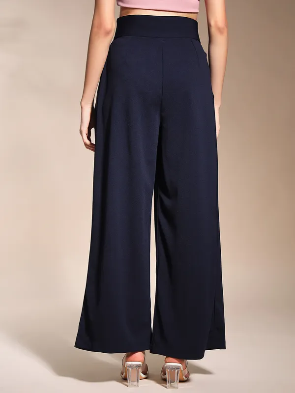 Zastraa_Navy_Blue_High_Waist_Darted_Korean_Pants