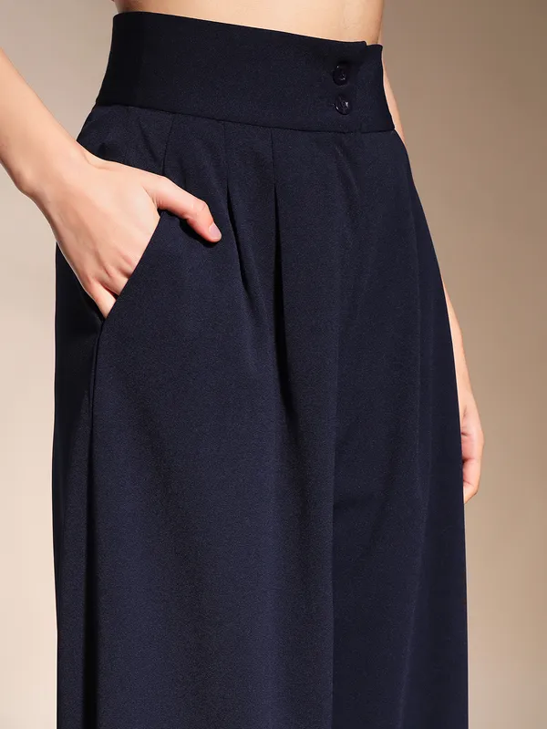 Zastraa_Navy_Blue_High_Waist_Darted_Korean_Pants