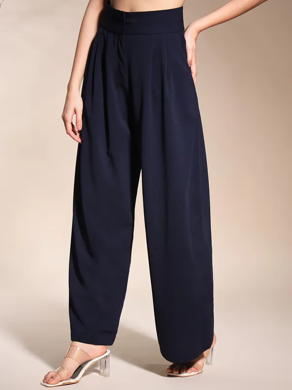 Zastraa_Navy_Blue_High_Waist_Darted_Korean_Pants