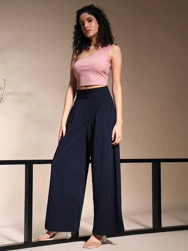 Zastraa_Navy_Blue_High_Waist_Darted_Korean_Pants