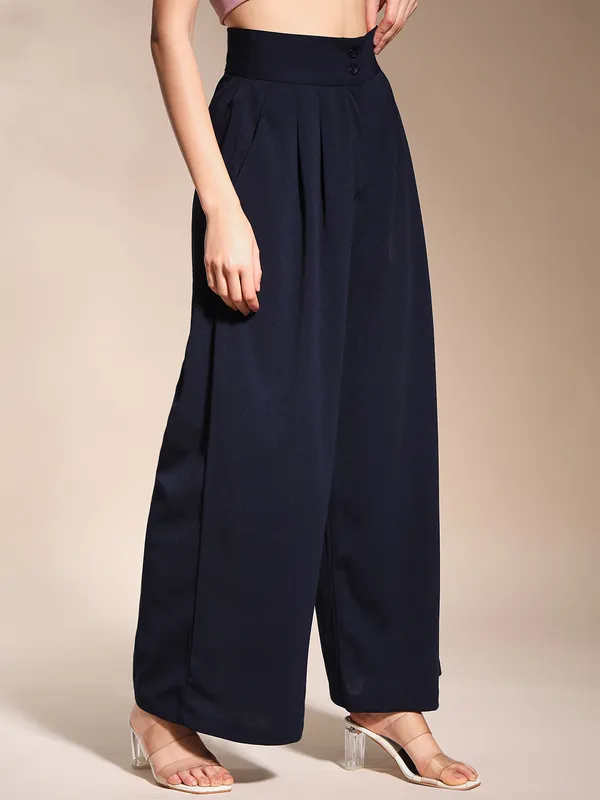 Zastraa_Navy_Blue_High_Waist_Darted_Korean_Pants