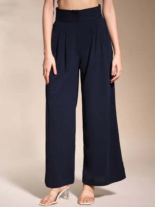 Zastraa_Navy_Blue_High_Waist_Darted_Korean_Pants