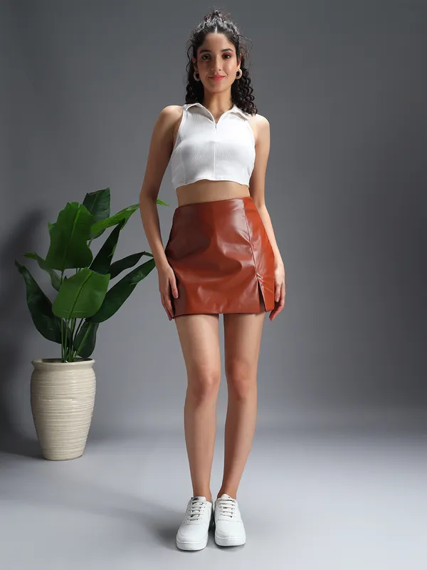 Zastraa_Tan_PU_Side_Slit_Scuba_Mini_Skorts